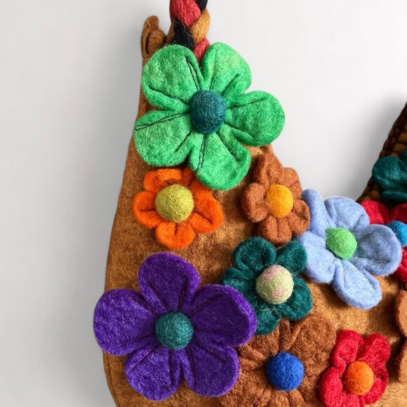 Vintage 100% Wool Handmade Nepalese Shoulder Bag Purse 3D Floral Brown Tan - Picture 7 of 11